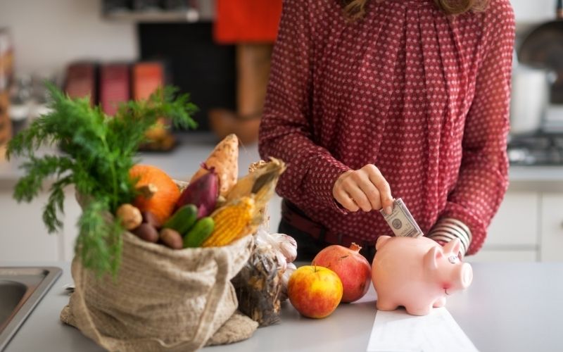 Saving money in a piggy-bank because of growing free food